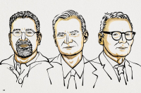 Výhercovia ekonomickej Nobelovej ceny: Daron Acemoglu, Simon Johnson a James Robinson.